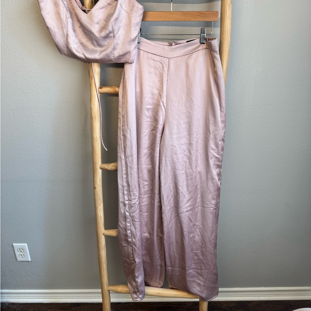Lulu's Soft Pink Silk Wide Leg Pants